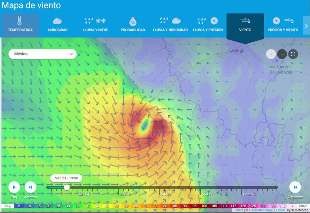 Modelo ECMWF, viento sostenido 6 pm (hora en Nayarit y Sinaloa)
