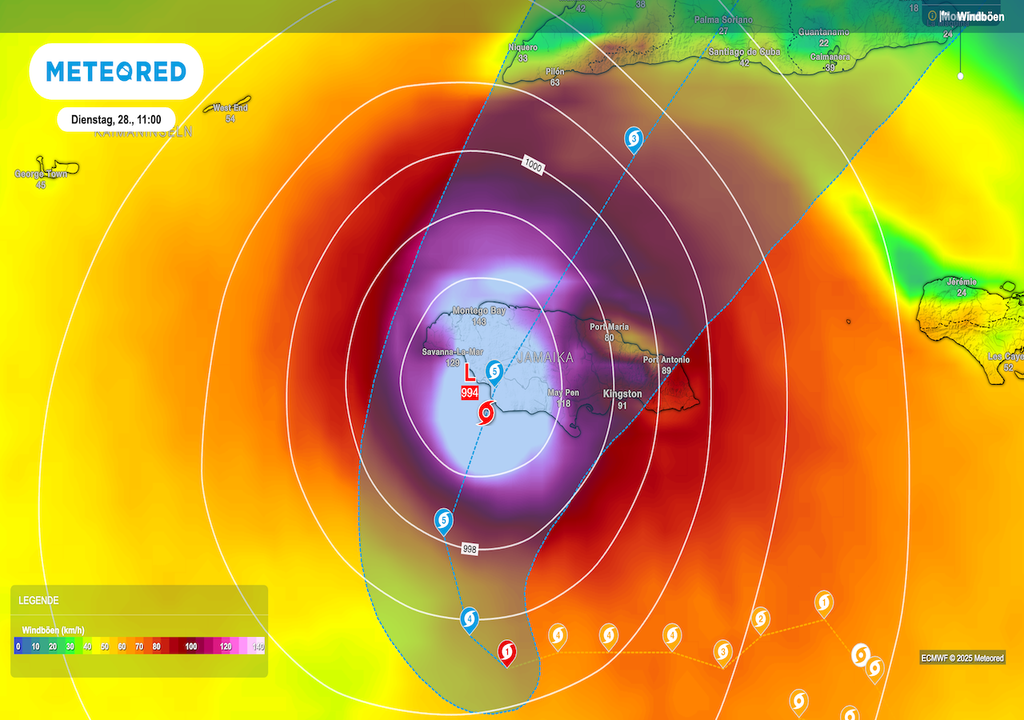Dienstagmorgen, Hurrikan Melissa, Jamaika – ECMWF, Windböen, Windfeld Dienstagmorgen, Hurrikan Melissa, Jamaika – ECMWF, Windböen, Windfeld