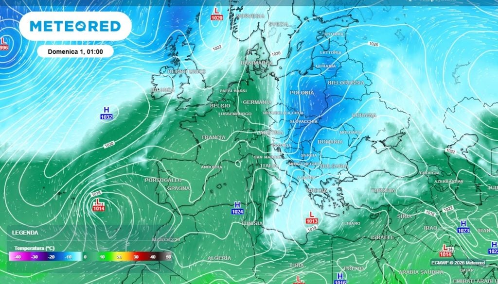 Da questa immagine delle temperature a 700 hPa, prevista per domenica prossima, è ben visibile il flusso d'aria fredda verso la nostra Penisola. ECMWF-MeteoRed