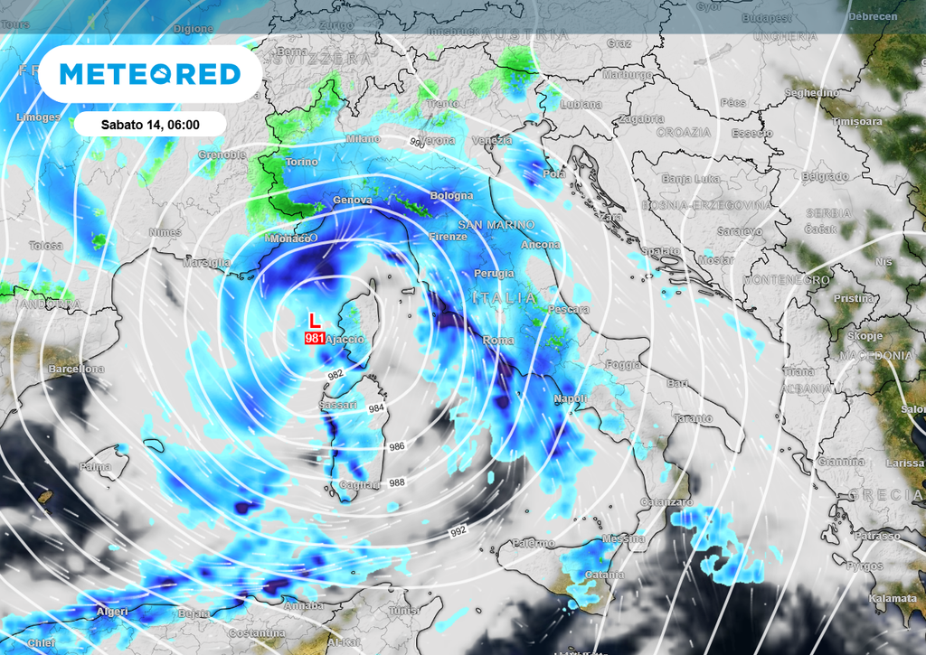 Sabato 14 febbraio, un minimo barico intorno ai 985 hPa si scaverà tra il Mar Ligure e la Corsica. Questa è una configurazione da instabilità marcata con gradienti barici molto pronunciati, capaci di produrre venti di burrasca in rotazione intorno al centro di bassa pressione.
