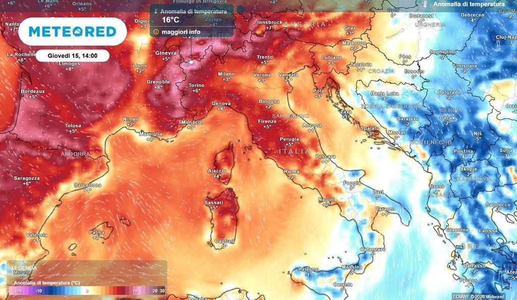 Durante le ore più calde della giornata di giovedì i termometri registreranno temperature oltre i 15 °C più alte del normale.