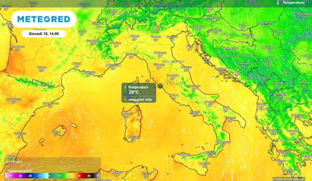 Le temperature massime durante la giornata di giovedì risulteranno miti e gradevoli, con valori localmente prossimi ai 30 °C.