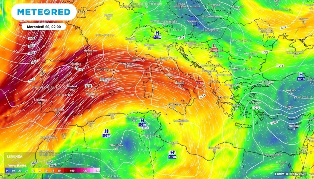 Dinamica atmosferica. Sul bordo orientale di questa saccatura si genererà un flusso di correnti meridionali, che agirà come un aspiratore di masse d’aria provenienti dal Nord Africa.