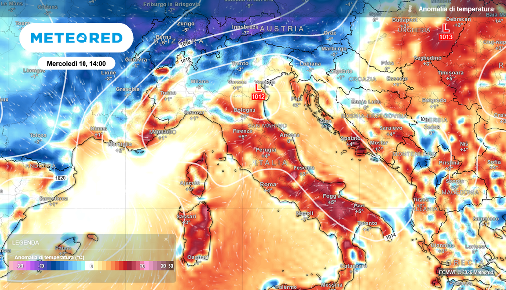 Mercoledì 10 giugno avremo anomalie termiche positive in quasi tutta l'Italia, ma al nord le anomalie saranno negative. Una situazione che potrebbe alimentare forti temporali.