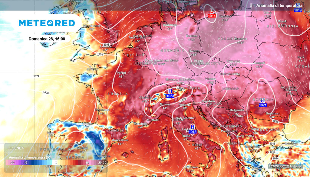L'ondata di caldo che interessa l'Europa il 28 giugno 2026.