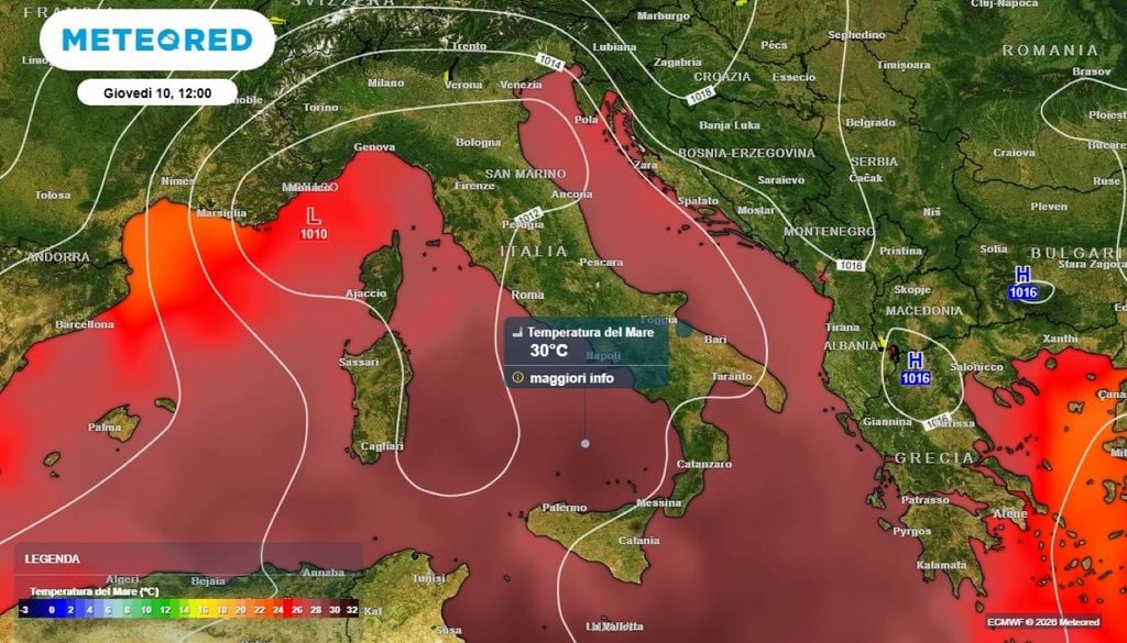 Mari caldi. Le temperature molto elevate sull'area del Mediterraneo, con valori ancora sui +30°C, specie sul Tirreno.