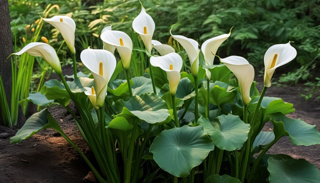 plantas Con hojas anchas y flores blancas, la cala tolera suelos anegados y puede crecer en los bordes de estanques.