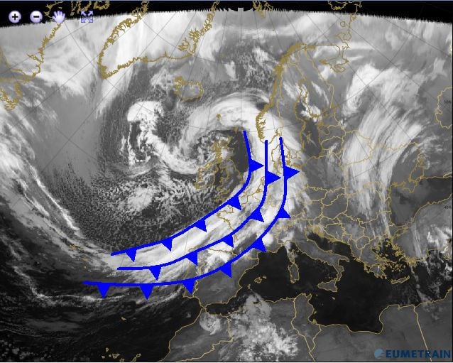 Identificando Frentes Desde Imágenes De Satélite. Parte -I Ejemplo del 15 de enero de 2015 a las 06 UTC ¿Dónde está el frente frío: adelante, atrás o en medio de la banda nubosa frontal?