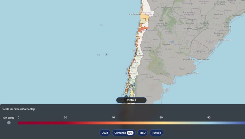 mapa interactivo de IDEOS Fueron seleccionas 105 comunas costeras de Chile para calcular el idSO, un índice que permite evaluar el estado del océano. Crédito: IDEOS