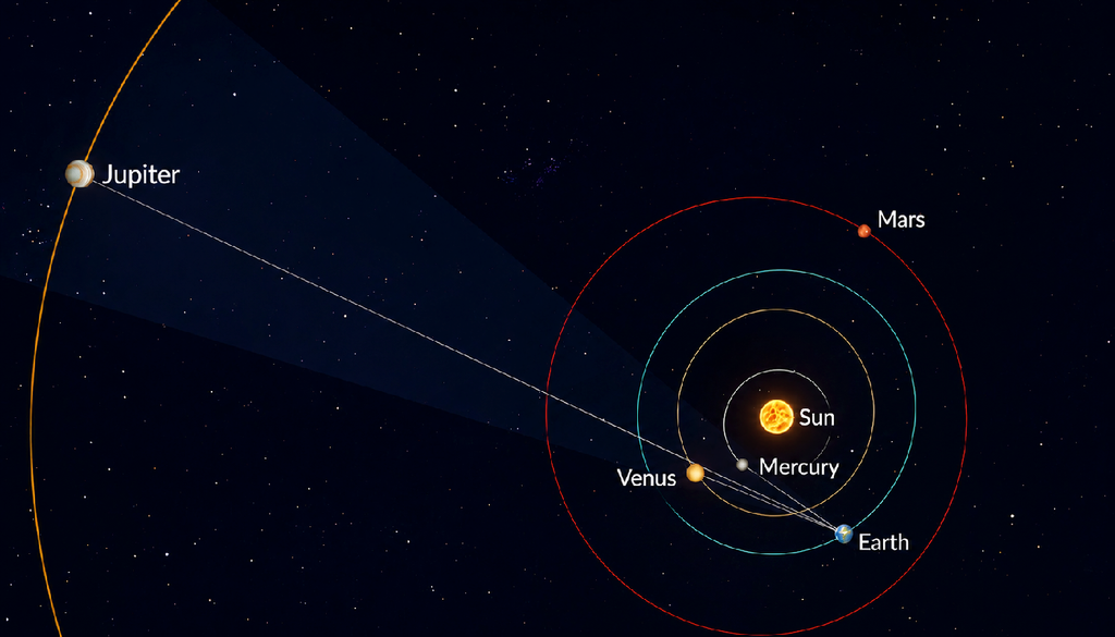 Congiunzione Schema orbitale per spiegare l'apparente congiunzione tra Giove, Venere e Mercurio. Sebbene molto distanti fisicamente si osservano quasi lungo la stessa linea di visuale.