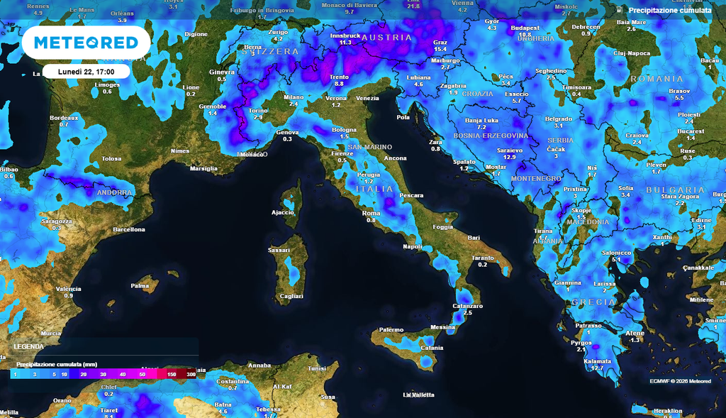 Le aree dove pioverà maggiormente Fino all'inizio della prossima settimana occhio alle Alpi, Prealpi e Appennini