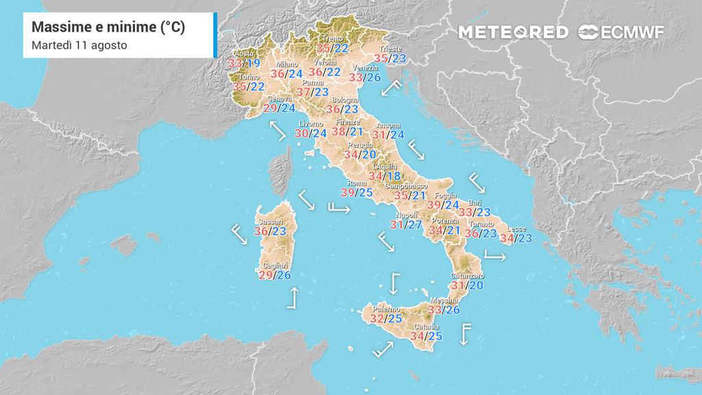 Le temperature massime e minime in Italia martedì 11 agosto 2026.