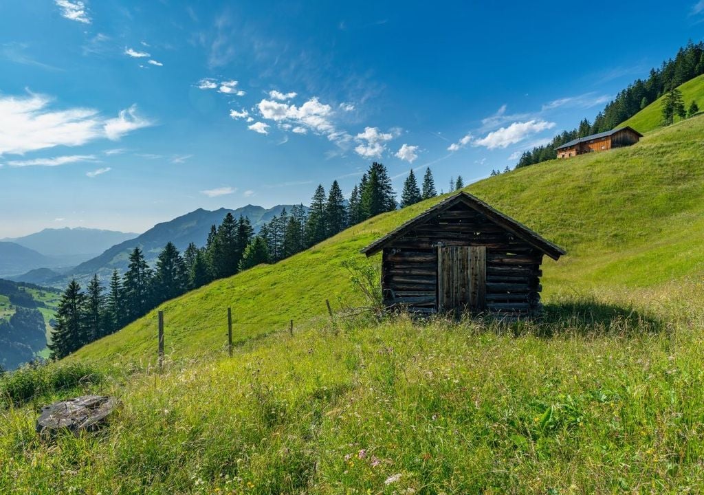 montañas con pastos y cabañas en los Alpes