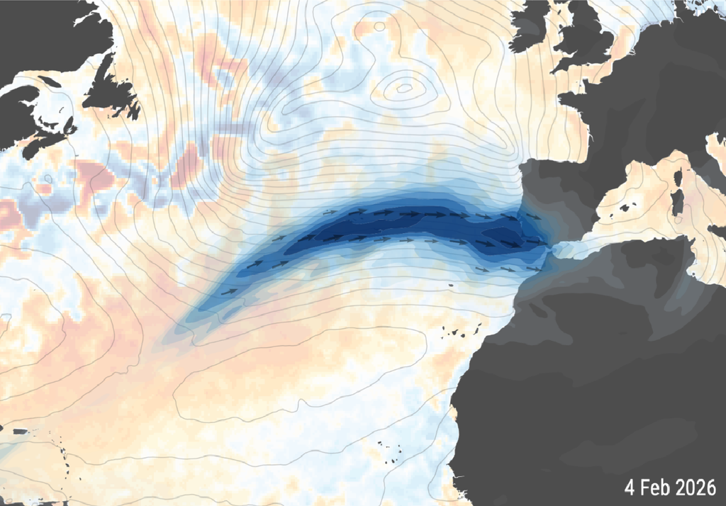 In blu uno dei numerosi "fiumi atmosferici" che hanno determinato intense precipitazioni, ben sopra la media, e conseguenti inondazioni e frane in Europa occidentale durante il mese di Febbraio. Credit: Copernicus.