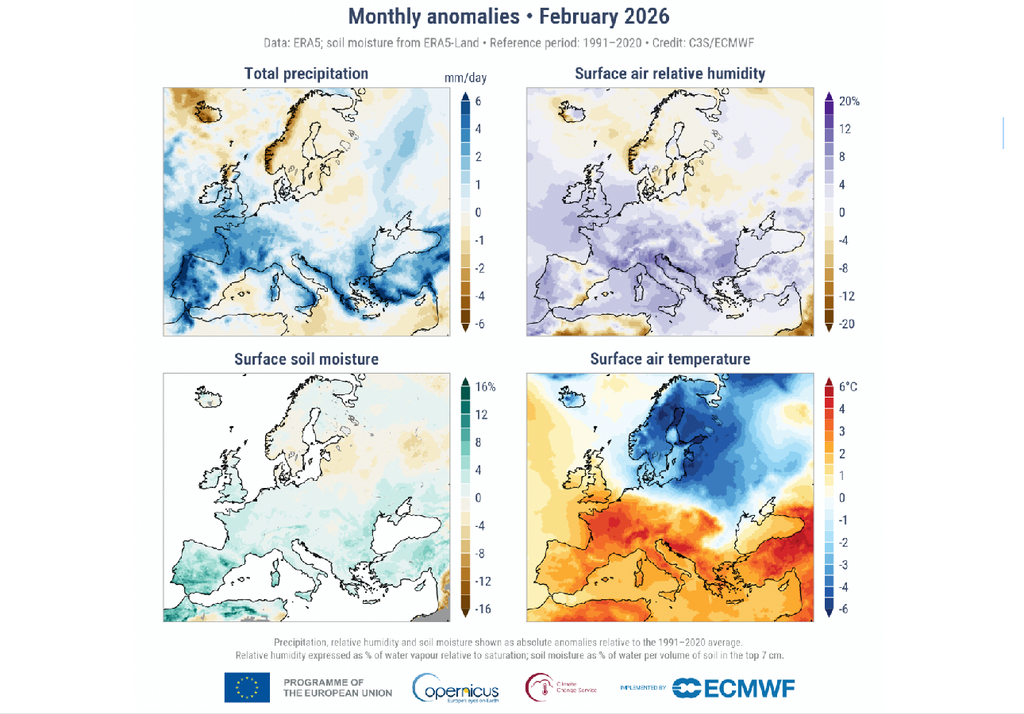Mappa a colori delle anomalie (differenze rispetto ai valori medi di riferimento) di alcuni indicatori climatici registrate in Europa durante il mese di Febbraio. Credit: Copernicus
