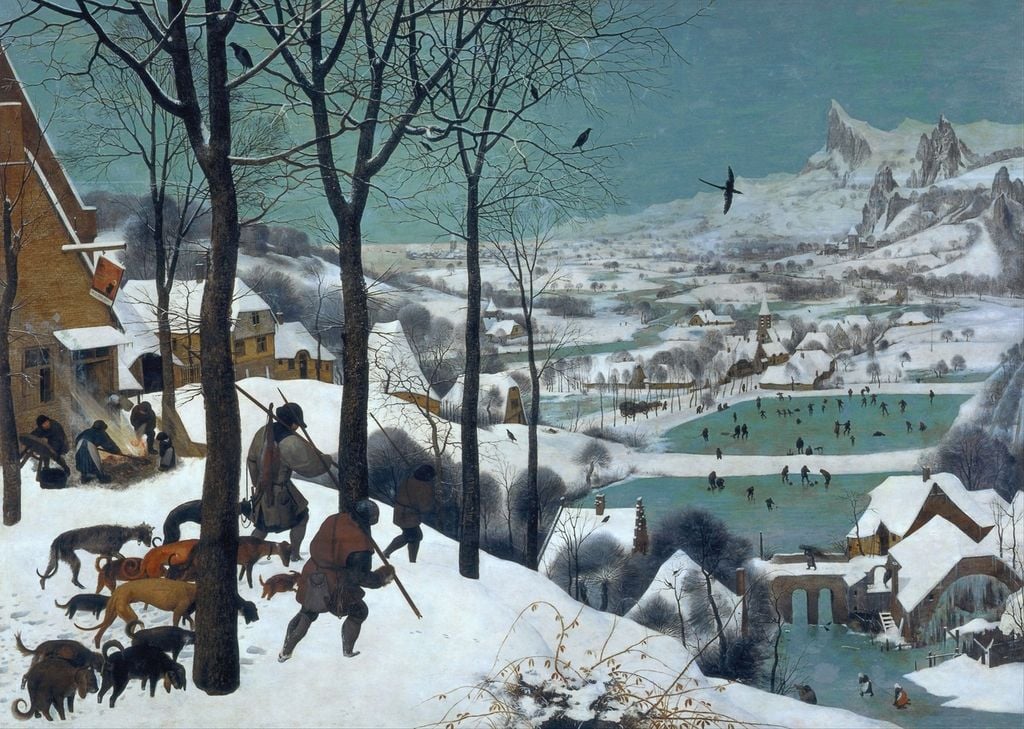 "Cacciatori nella neve" (1565) di Pieter Bruegel il Vecchio. Celebre dipinto a olio su tavola, esposto al Kunsthistorisches Museum di Vienna