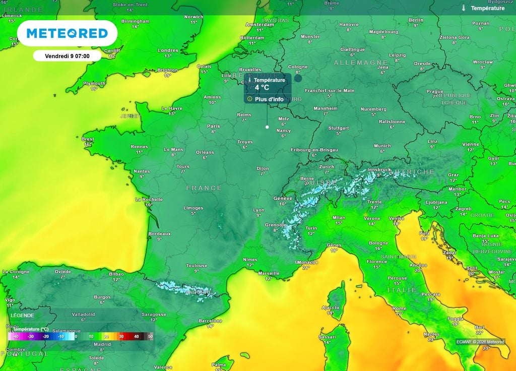Températures vendredi matin Vendredi matin, les températures risquent de descendre sous les 5°C dans le Nord-Est et le Centre de la France, avec probablement quelques gelées blanches en campagne.