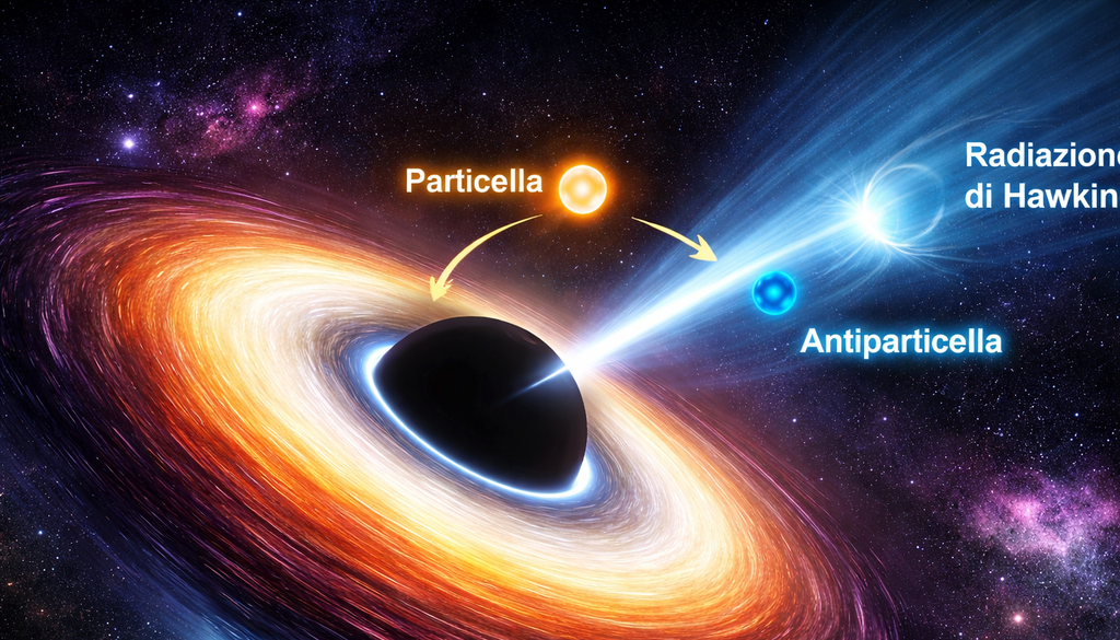 Rappresentazione artistica di un buco nero con emissione di antiparticelle che costituiscono la radiazione di Hawking. Credit: Immagine generata con IA