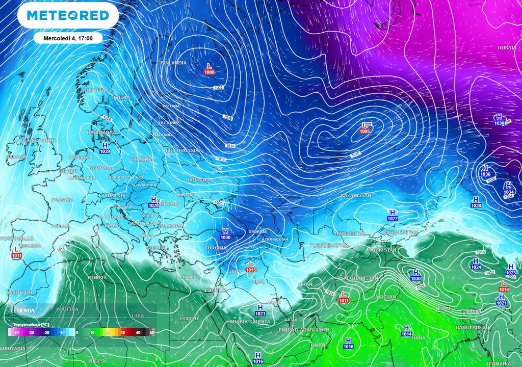 Ecco la situazione attuale in Europa, con un vortice polare indebolito proiettato verso l'Eurasia.