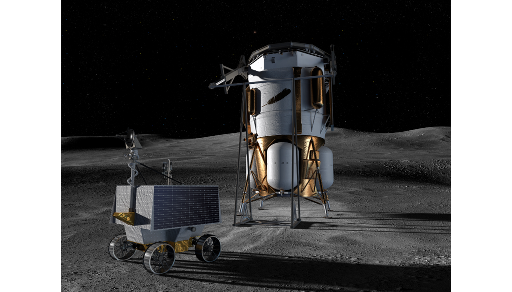 Rappresentazione del lander di Blue Origin adibito al trasporto di attrezzature come i rover necessaria al trasporto sulla superficie lunare. Credit: Blue Origin.