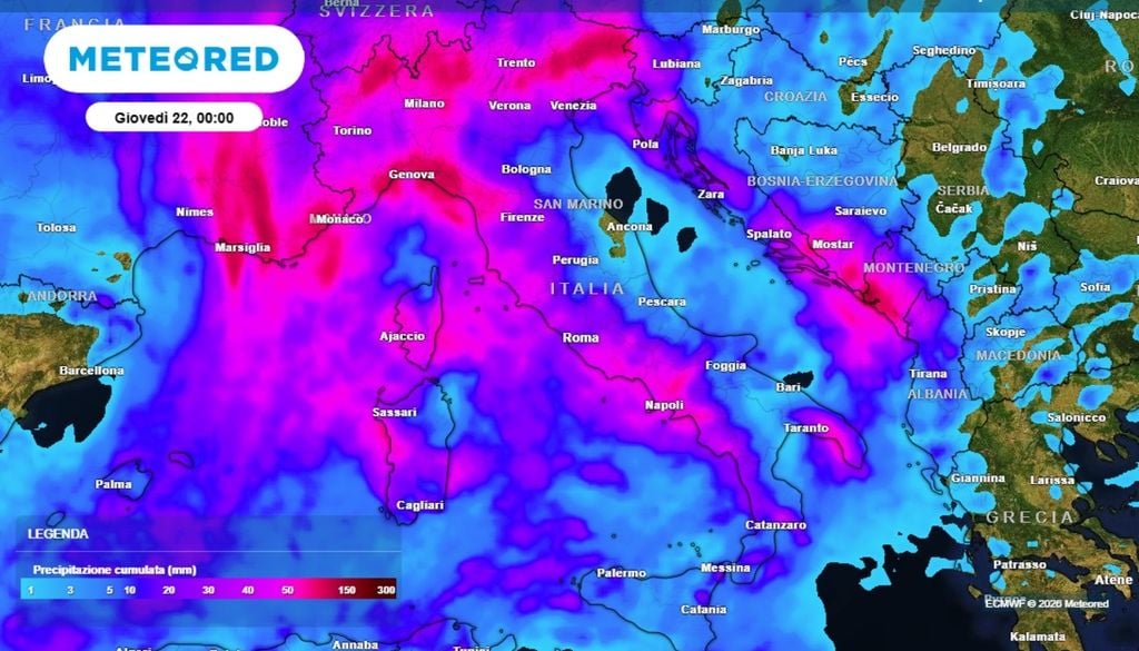 Gli accumuli stimati per le prossime 24-36 ore potrebbero essere abbondanti, specie sulle aree maggiormente esposte ai flussi umidi meridionali, anche fino a 100-150 mm tra Liguria e Toscana, specie sulla Liguria di Levante e sui rilievi della Lunigiana, poi anche su Alpi e Prealpi tra Piemonte Settentrionale e Lombardia settentrionale. ECMWF-MeteoRed