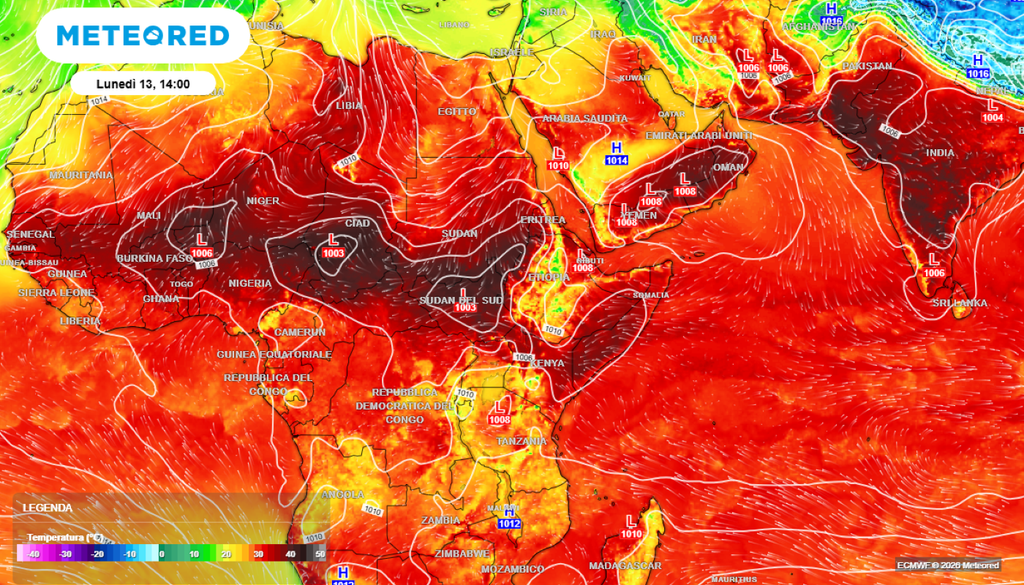 Gli effetti del forte riscaldamento che sta interessando le aree continentali tropicali a nord dell'equatore, fra Sahara, Penisola Arabica e India.
