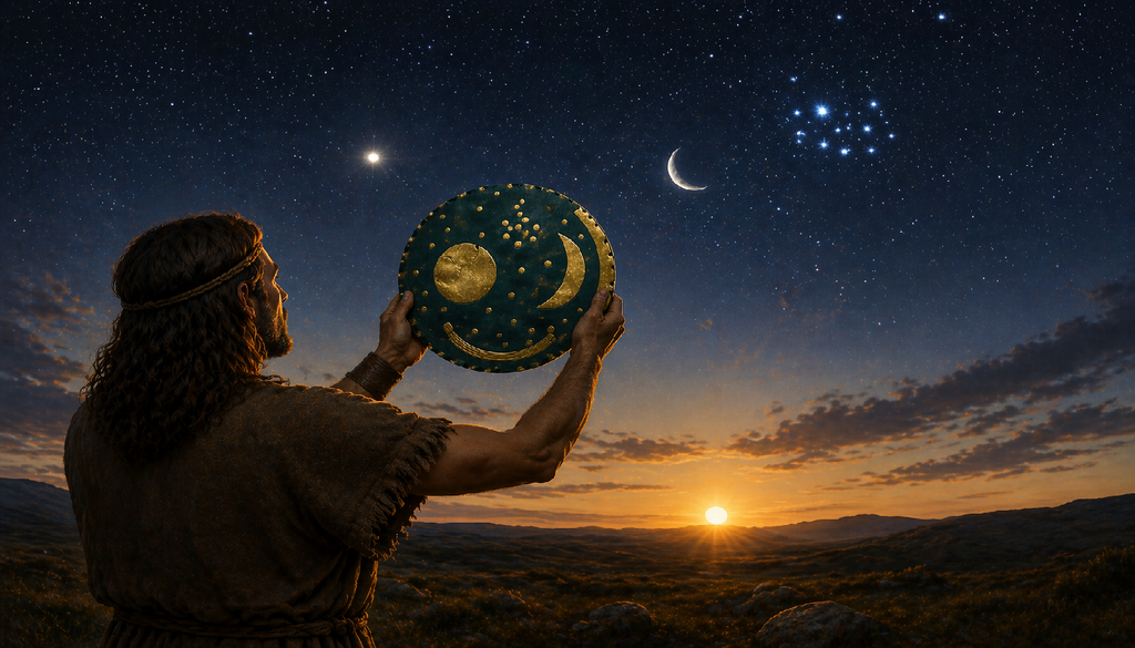 La rappresentazione artistica dell'utilizzo del Disco di Nebra. Lo si confrontava periodicamente con il cielo aspettando l'epoca in cui la confifurazione di Luna, Pleiadi, Sole coincidesse con quella incisa nel disco per inserire il ciclo lunare intercalare.