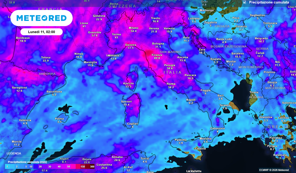 Precipitazione cumulata in Italia nel corso della settimana.