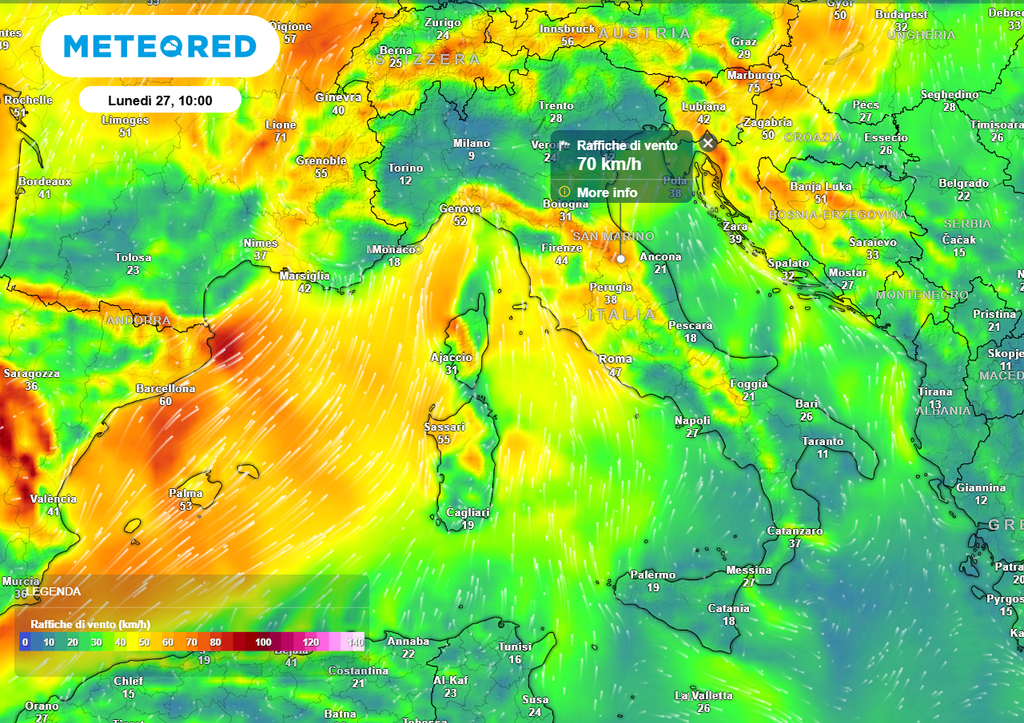 Forti raffiche di vento sferzano il Centro-Nord, mari molto mossi e mareggiate sulle coste esposte