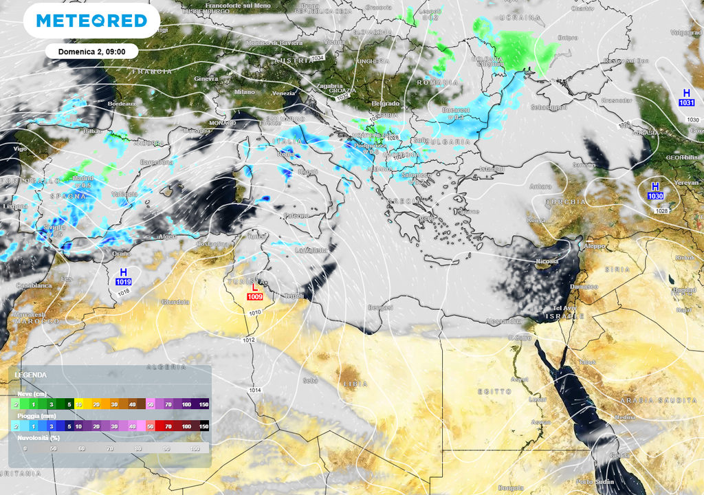 Mappa barica con isobare e precipitazioni. Mappa barica con isobare e precipitazioni.