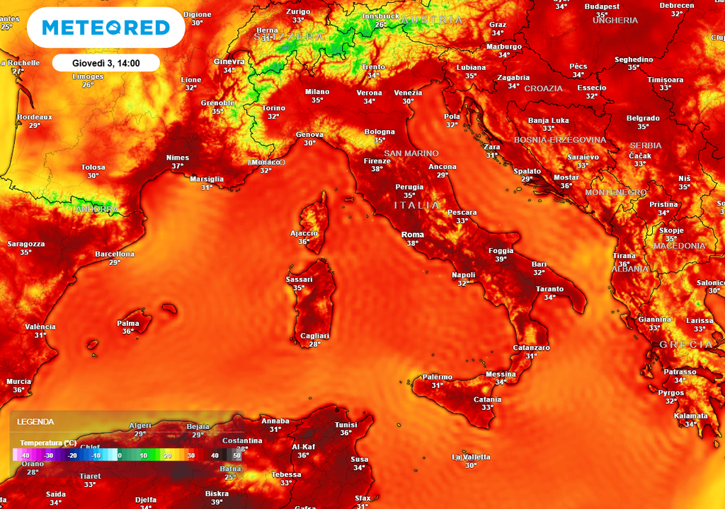 Fino a venerdì 4 caldo e afa prevalenti, con punte di 38/39°C nelle zone interne di Toscana, Lazio, Umbria, Campania, Basilicata, Puglia, Calabria, Sardegna e Sicilia