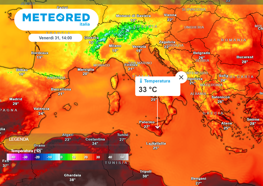 Temperature massime previste per venerdì, anche più di 10°C di differenza tra nord e sud Temperature massime previste per venerdì, anche più di 10°C di differenza tra nord e sud