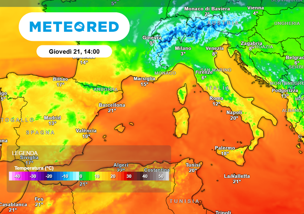 Forte disparità di valori di temperatura dell'aria tra Nord e Sud