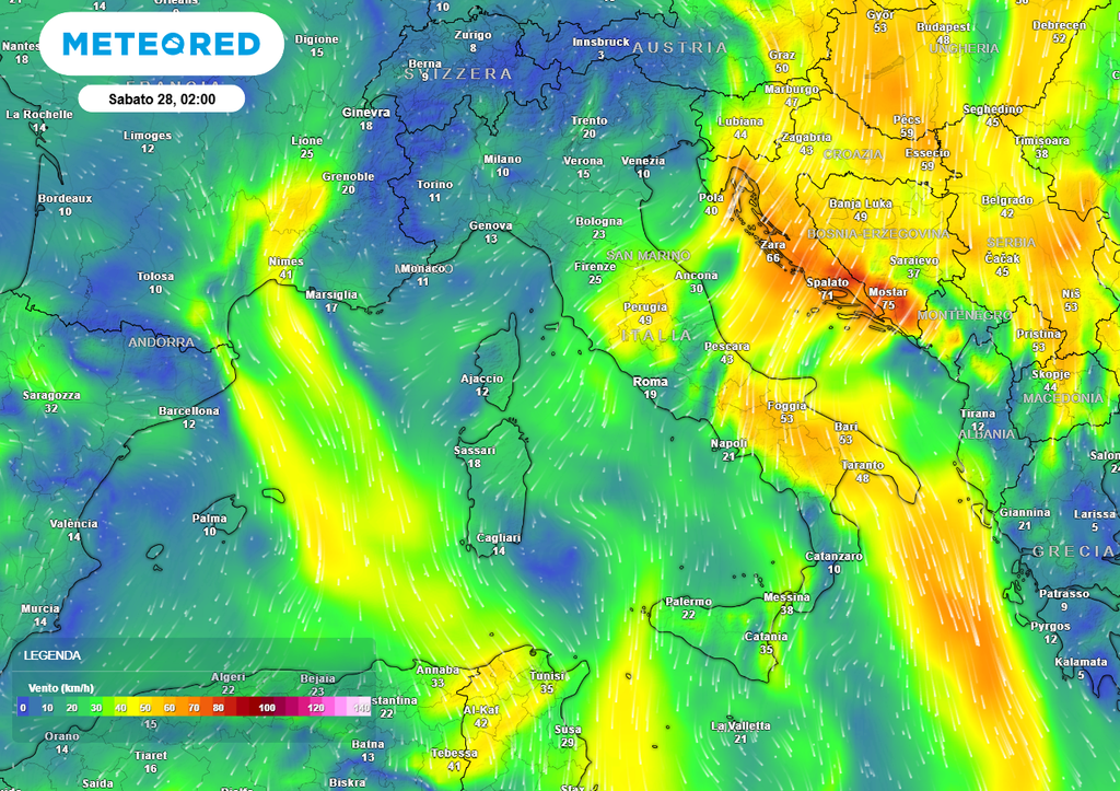 La mappa del vento a 1500 metri: aria più fresca in ingresso da nord-est potrebbe smorzare caldo e afa nel fine settimana