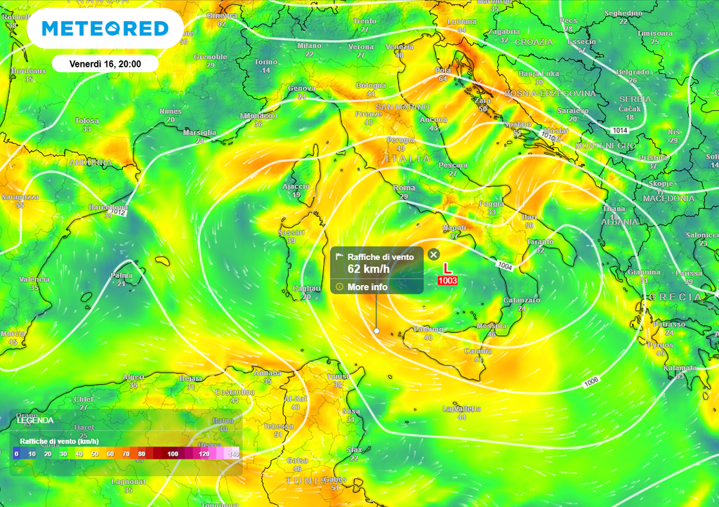 Venti a rotazione ciclonica intorno al minimo sul basso Tirreno, portano brusca diminuzione delle temperature su Nord e Adriatico