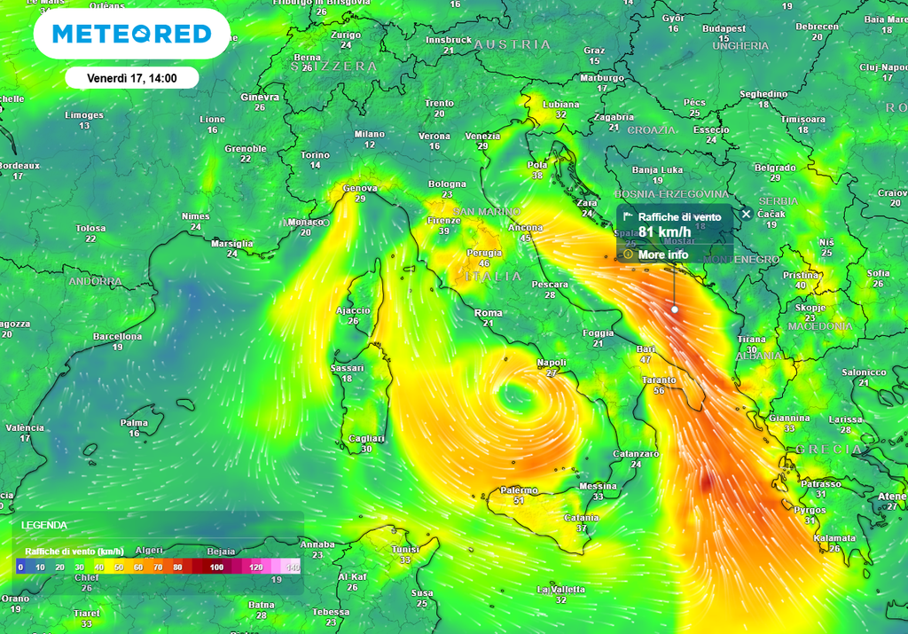 Venti a rotazione ciclonica, cioè in senso antiorario, attorno al minimo di pressione. Intensità massima anche oltre gli 80 km/h, molto mossi o agitati i mari