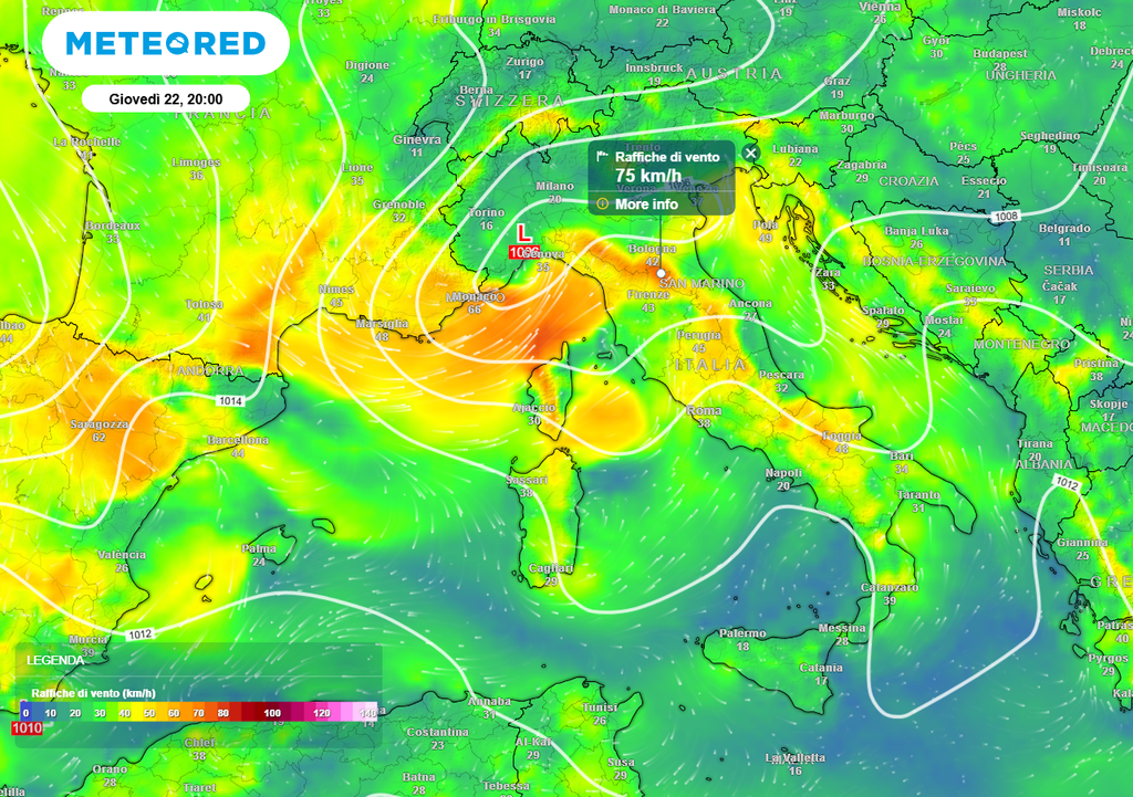 La seconda perturbazione della settimana interesserà il Nord, con forti venti in ingresso dal Golfo del Leone La seconda perturbazione della settimana interesserà il Nord, con forti venti in ingresso dal Golfo del Leone