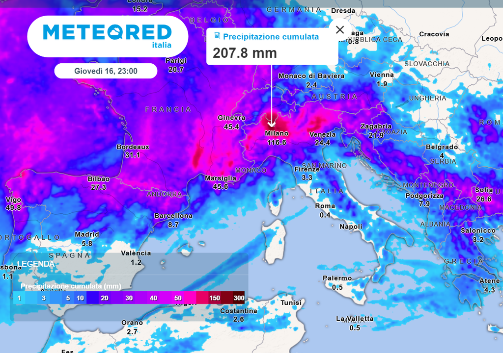 Entro la notte di giovedì previsti oltre 200 mm di pioggia nella parte alta tra Piemonte e Lombardia