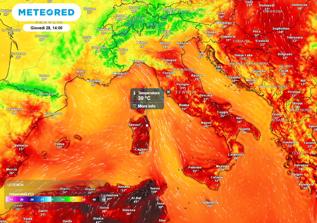 La differenza di temperature massime tra Nord e Sud nella giornata di giovedì, dai 22 ai 39°C