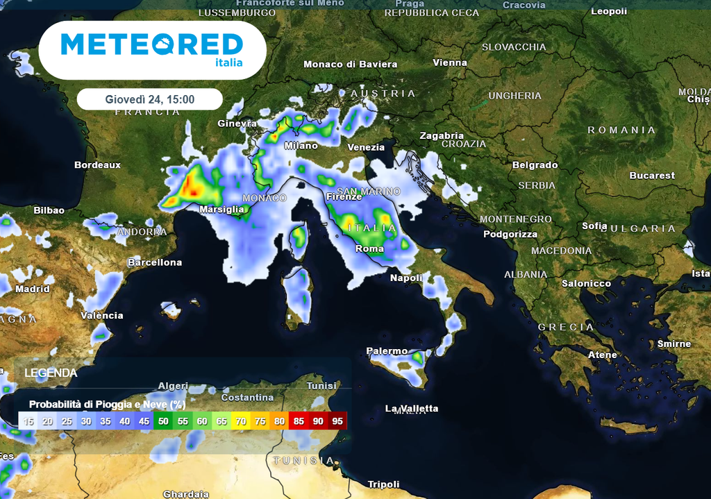 Il Centro-Nord più diffusamente interessato dalle piogge di Giovedì 25 Il Centro-Nord più diffusamente interessato dalle piogge di Giovedì 25