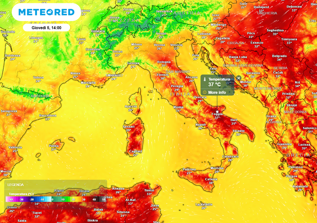 Giovedì 5 le temperature massime vedrebbero una diminuzione sensibile al Nord-Ovest mentre in Puglia potrebbero toccare i 37°C, oltre 5 gradi la media del periodo