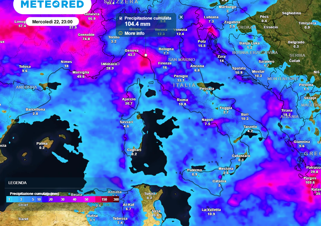 Accumuli intorno ai 100 mm di pioggia tra alta Toscana e Liguria di Levante entro mercoledì notte