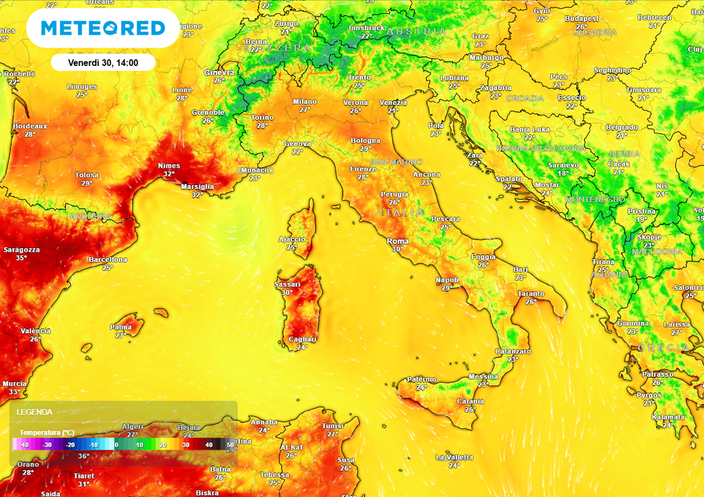 Da venerdì un anticiclone in rimonta da ovest porterebbe tempo stabile al Centro-Sud e temperature localmente sopra ai 30°C