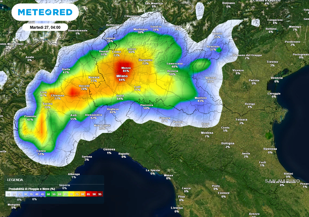 Temporali molto probabili in Pianura Padana nelle prime ore di domani, dapprima sulla sua parte occidentale ed in movimento verso est con il passare delle ore