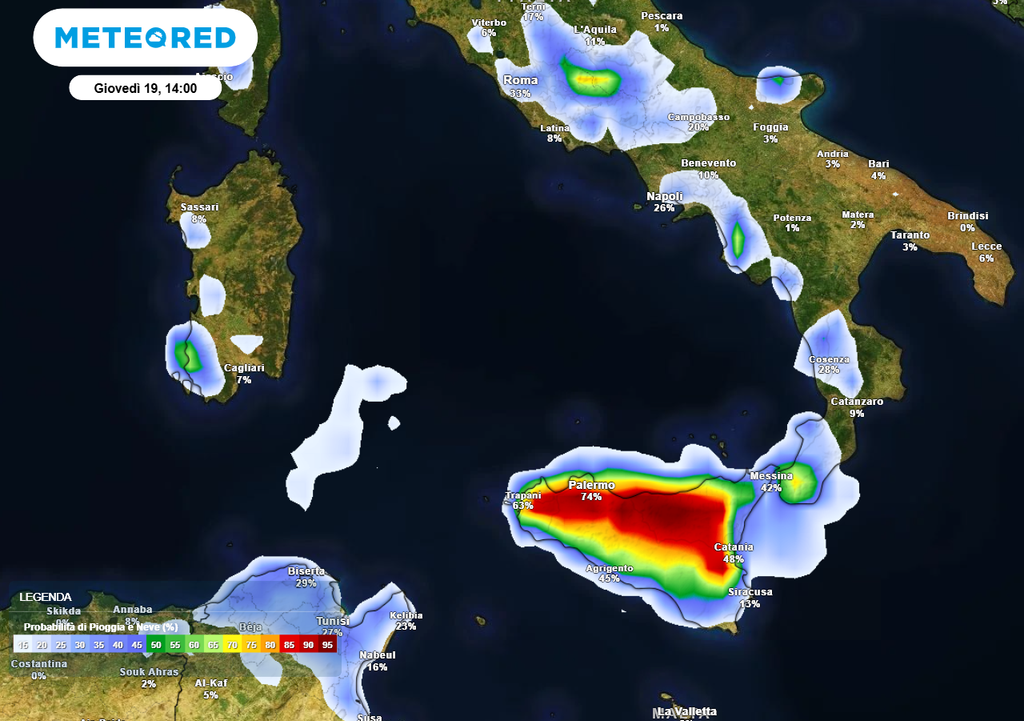 Domani giovedì 19 sarà la Sicilia quella più diffusamente interessata da rovesci e temporali