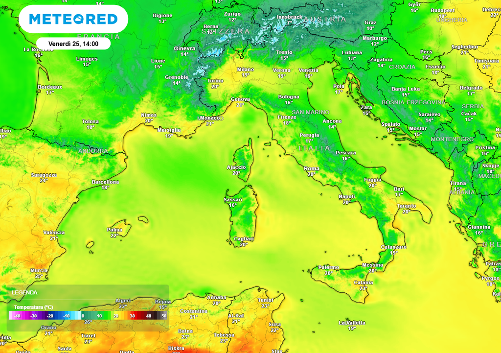 Massime previste per venerdì 25 aprile: più freschi Nord-Est e Adriatico, con valori non superiori ai 20°C. Fino a 22/23°C su Nord-Ovest, regioni tirreniche e Isole Maggiori Massime previste per venerdì 25 aprile: più freschi Nord-Est e Adriatico, con valori non superiori ai 20°C. Fino a 22/23°C su Nord-Ovest, regioni tirreniche e Isole Maggiori