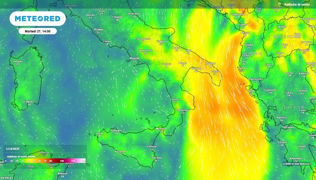 Ventilazione sostenuta da nord su parte dell'Italia Raffiche di vento previste per martedì 27 ottobre alle ore 14:00. Si notano i rinforzi della ventilazione settentrionale soprattutto tra Puglia, basso Adriatico e mar Ionio.