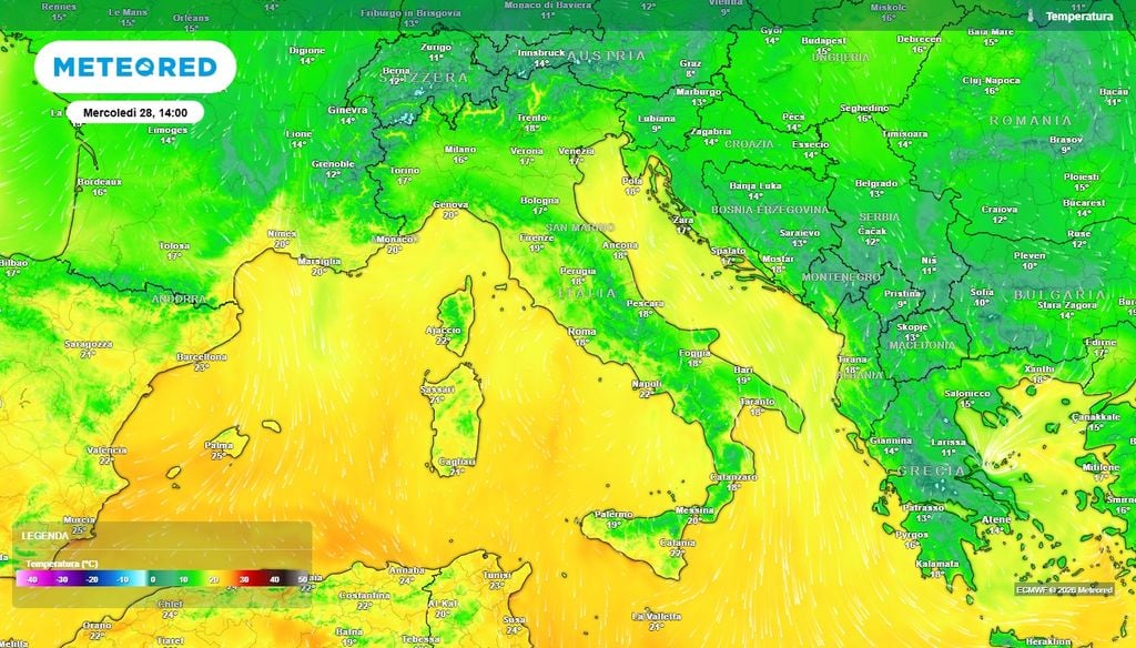 Temperature massime previste sull'Italia Temperature previste per mercoledì 28 ottobre alle ore 14:00. Clima mite soprattutto lungo i settori tirrenici e sulle Isole Maggiori, con valori più contenuti al Nord e lungo il versante adriatico.