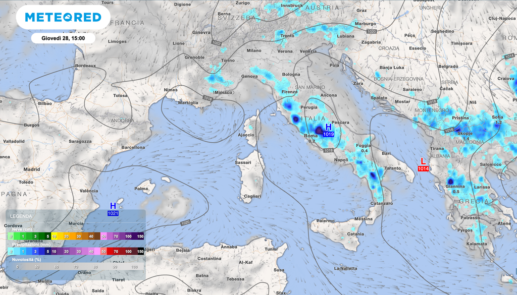 Temporali più probabili su Toscana, Lazio e Appennino calabro-lucano