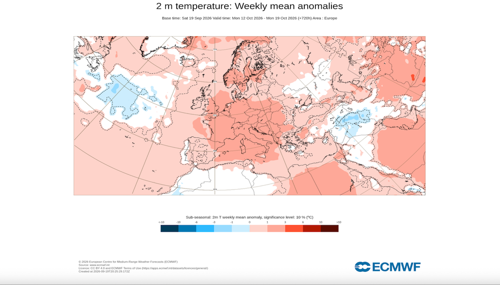 Temperature sopra media secondo la substagionale ECMWF nella settimana 12-19 ottobre